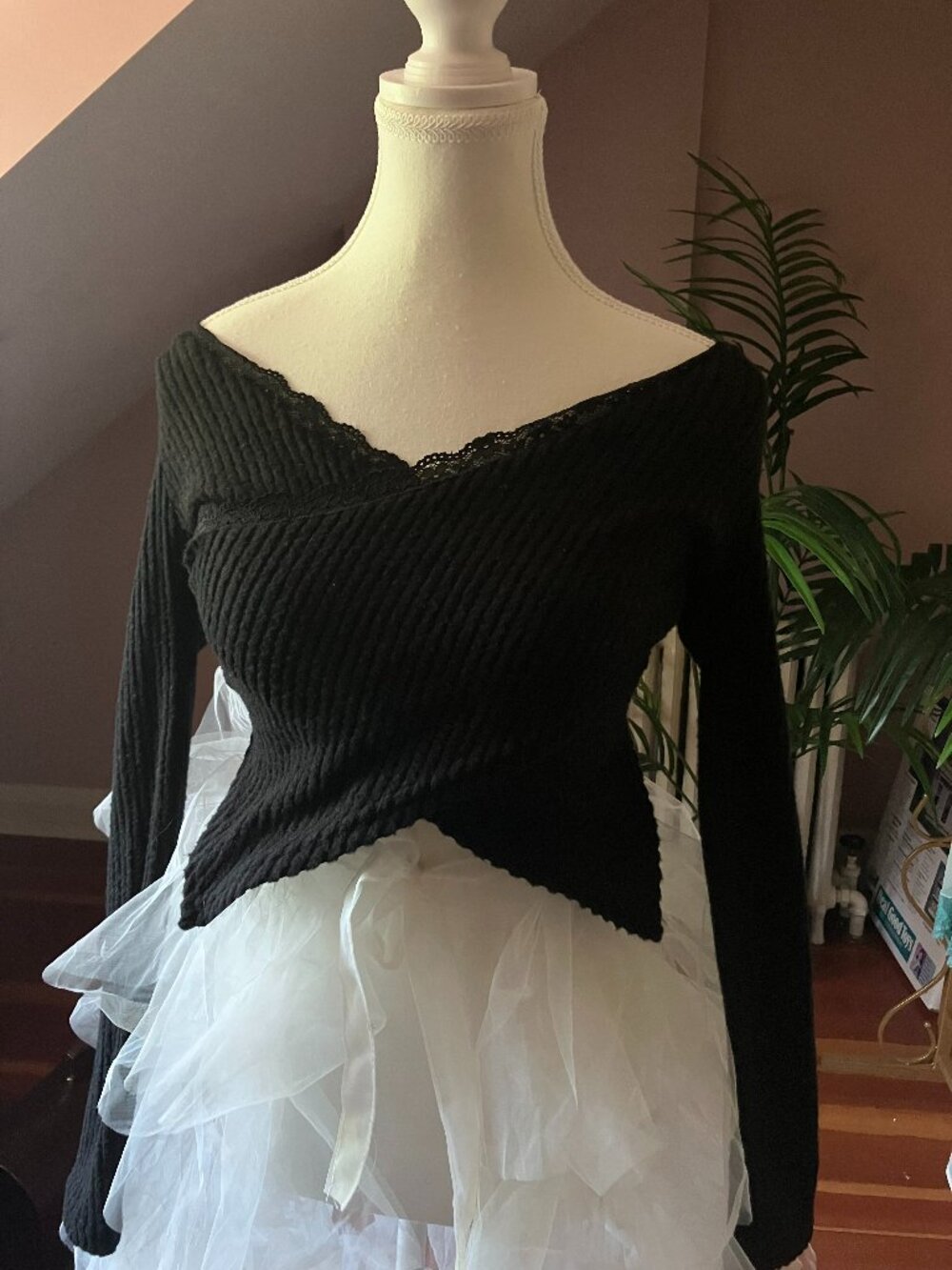Black Long Sleeve V-Neck Ribbed Top with Lace Trim